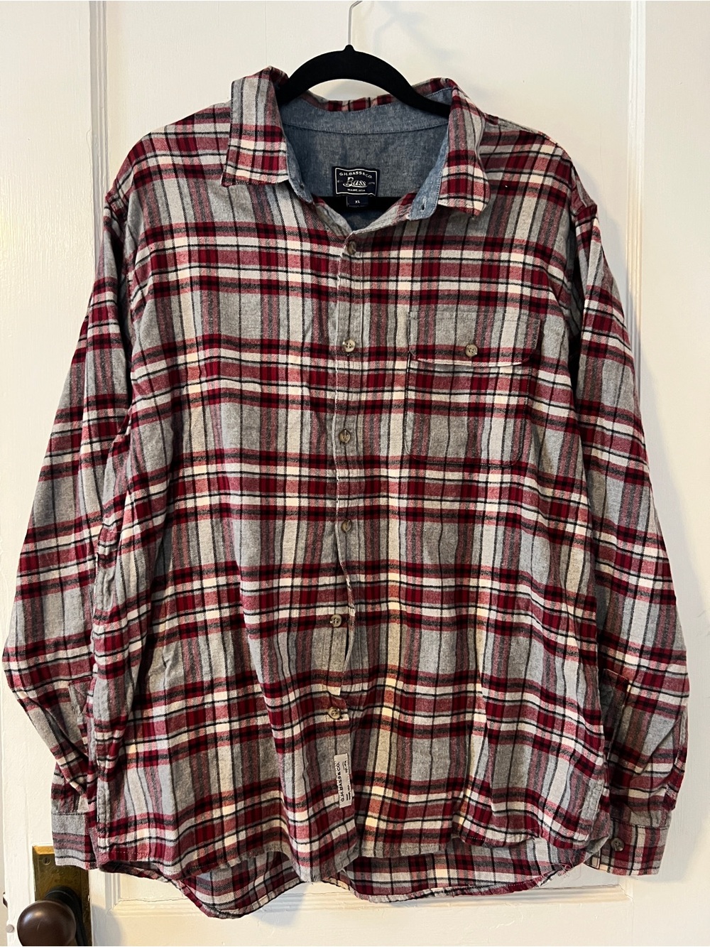 G.H. Bass Fireside Flannel Plaid Button Down Shirt XL Red Gray Ohio State
